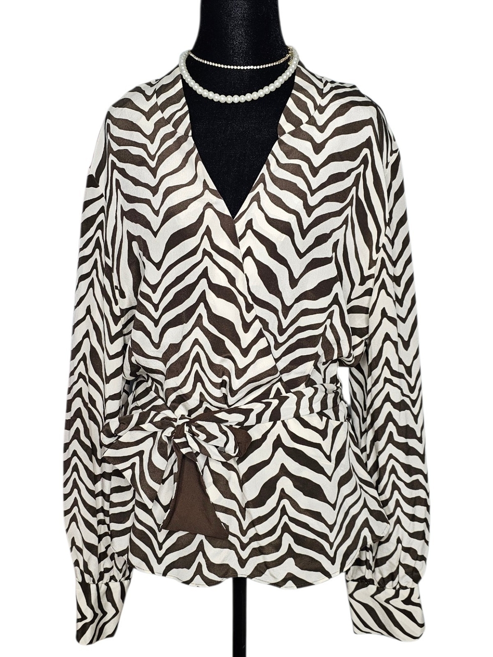 Talbots 100% Silk Zebra Print Wrap Blouse Dark Brown White Size 18 Plus
